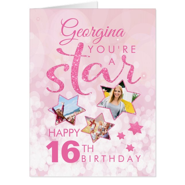Pink Glitter 16th Birthday Star Photo Collage BIG Card (Front)