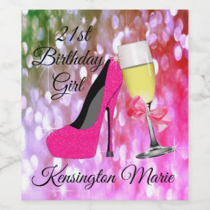 Pink Glitter 21st Birthday Girl Sparkling Wine or Label