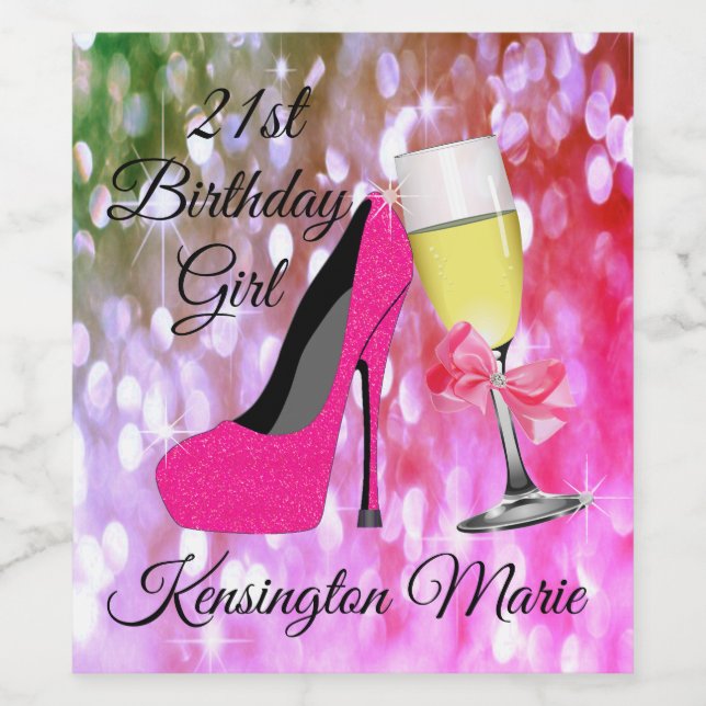 Pink Glitter 21st Birthday Girl Sparkling Wine or Label (Single Label)