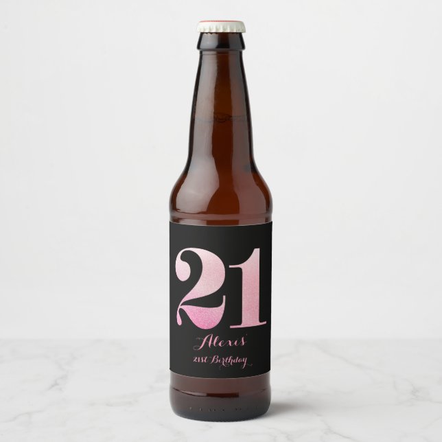 Pink Glitter 21st Birthday Party Beer Bottle Label (Front)