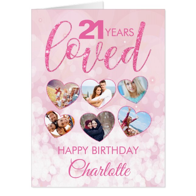 Pink Glitter 21st Birthday Photo Heart BIG Card (Front)