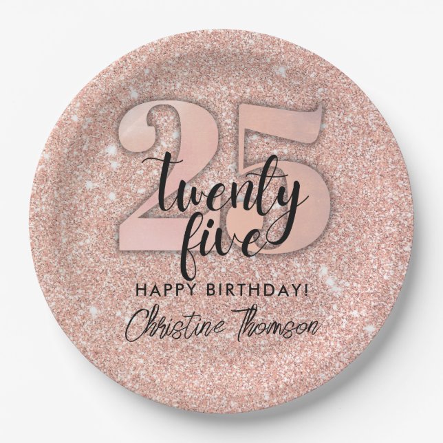 Pink Glitter 25th Birthday Paper Plates (Front)