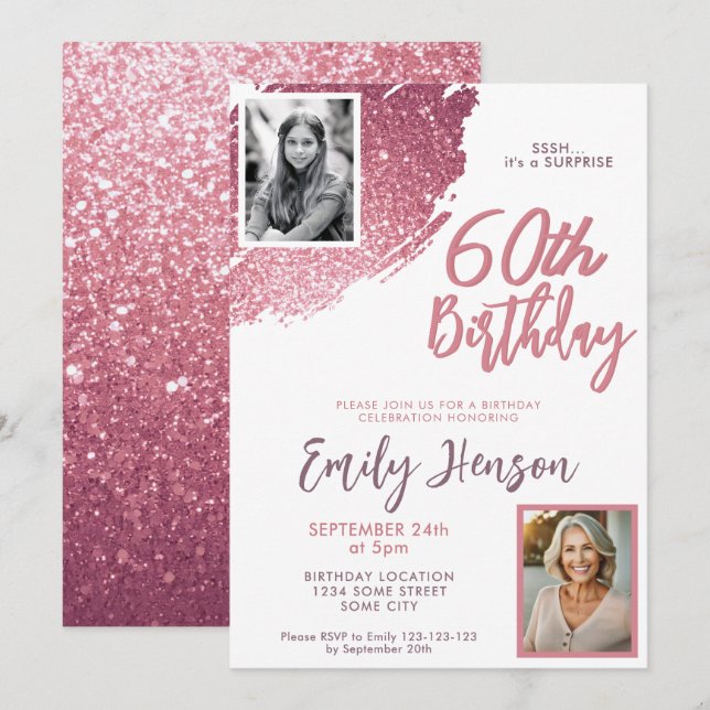 Pink Glitter 2 Photo Surprise 60th Birthday Invitation (Front/Back)