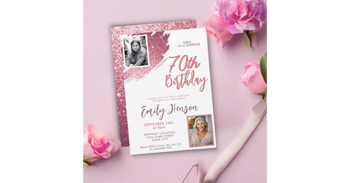 Pink Glitter 2 Photo Surprise 70th Birthday Invitation | Zazzle