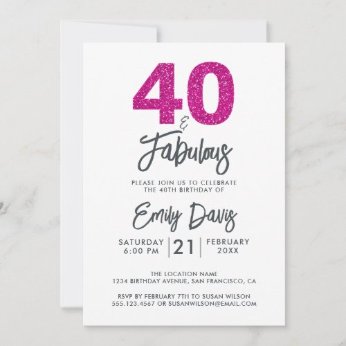 Pink Glitter 40 and Fabulous  40th Birthday Party Invitation