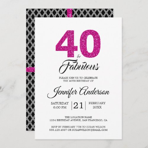 Pink Glitter 40 and Fabulous  40th Birthday Party Invitation