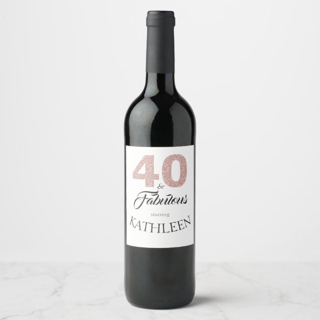 Pink Glitter 40 and Fabulous 40th Birthday Party Wine Label (Front)