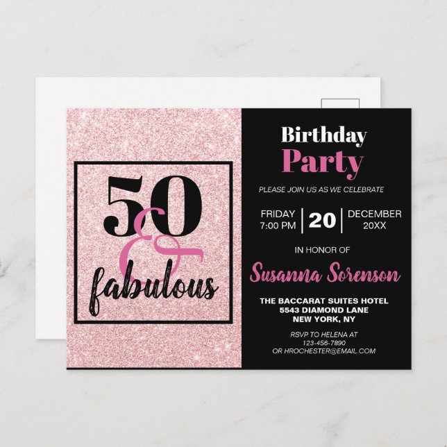 Pink Glitter 50 & Fabulous Birthday Party Invite (Front/Back)