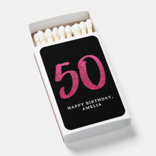 Pink Glitter 50th Birthday Matchboxes, Party Favor Matchboxes