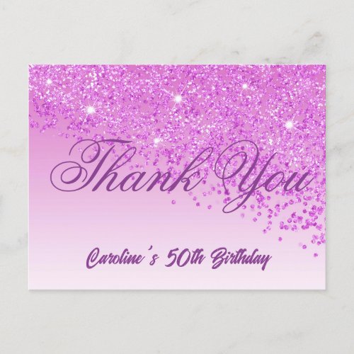 Pink Glitter 50th Birthday Thank You Postcard