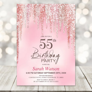 Pink Glitter 55th Birthday Party Invitation