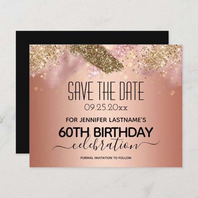 Pink Glitter 60th Birthday Save the Date Budget (Front/Back)