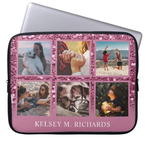 Pink Glitter 6 Photo Collage with Name Laptop Sleeve