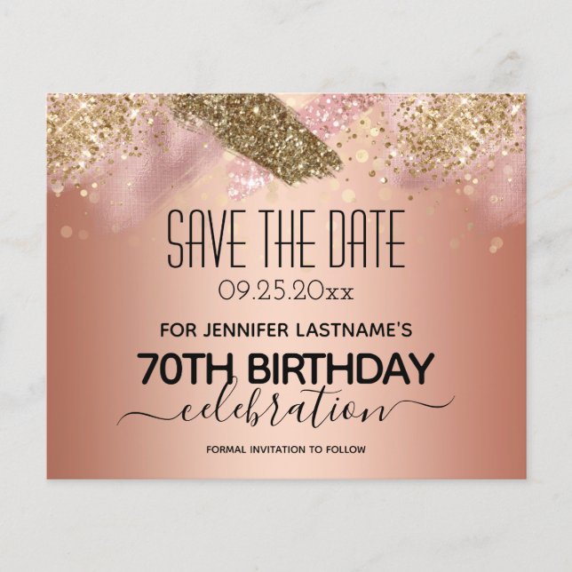 Pink Glitter 70th Birthday Save the Date Budget (Front)