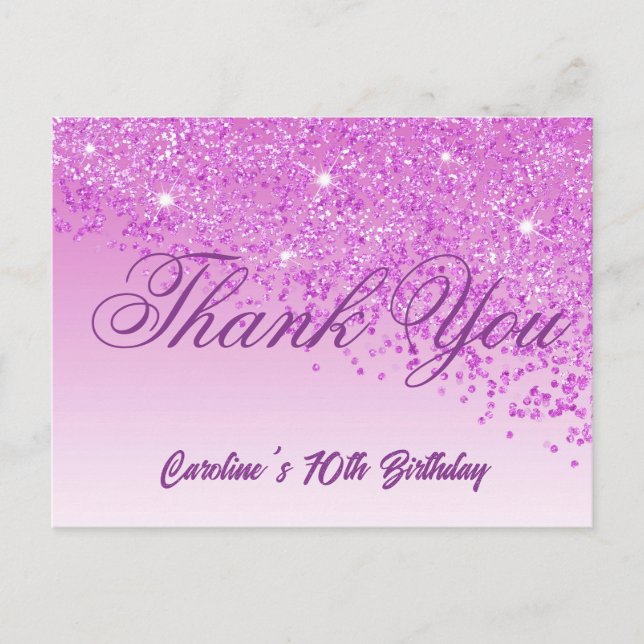 Pink Glitter, 70th Birthday Thank You Postcard (Front)