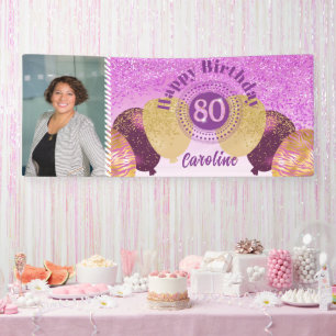 Pink Glitter 80th Birthday & Balloons Banner