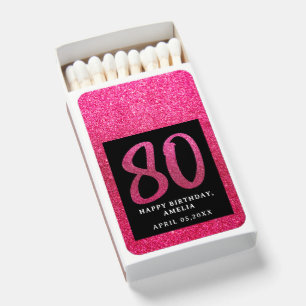 Pink Glitter 80th Birthday Matchboxes, Party Favor Matchboxes