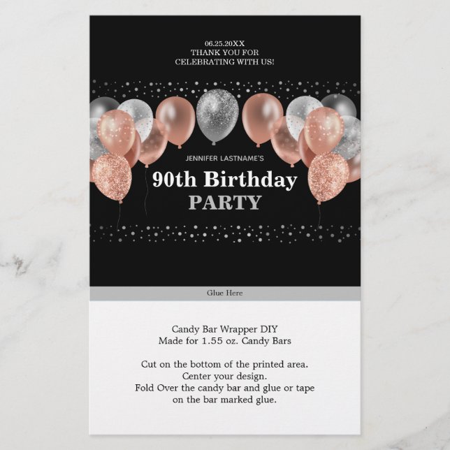 Pink Glitter 90th Birthday Candy Bar Wrapper (Front)