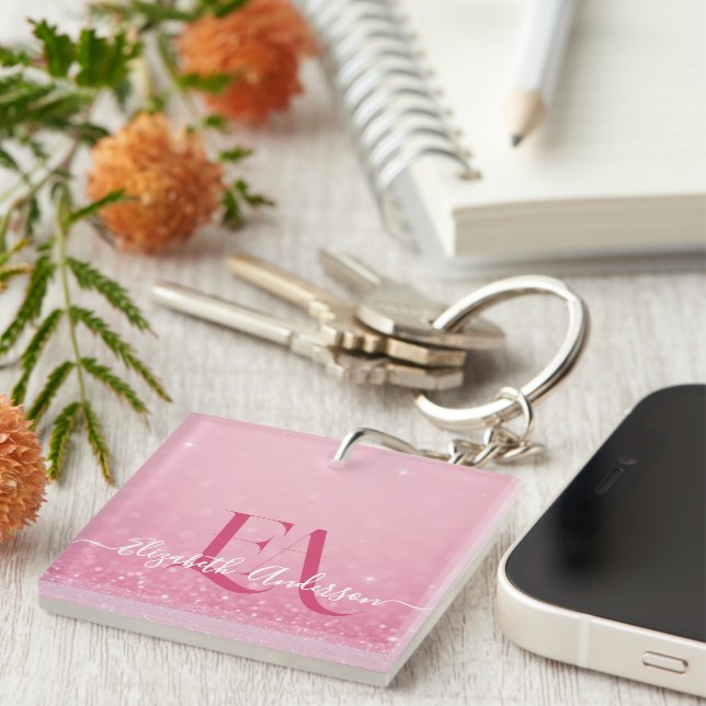 Pink Glitter Acrylic Keychain with Custom Initials (Front Right)