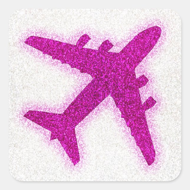 Pink glitter airplane round sticker labels (Front)