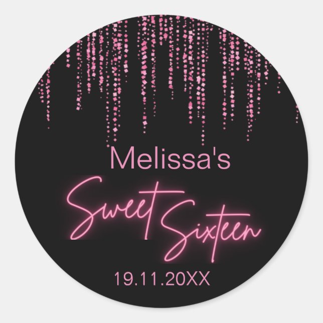 Pink Glitter and Black Sweet 16 Birthday  Classic Round Sticker (Front)