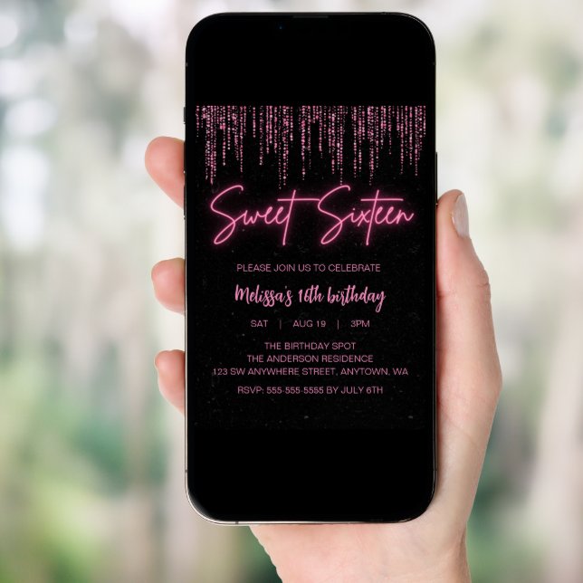 Pink Glitter and Black Sweet 16 Birthday Invitation (Front Digital)