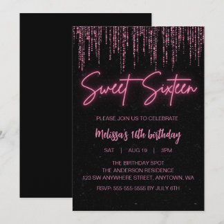 Pink Glitter and Black Sweet 16 Birthday Invitation