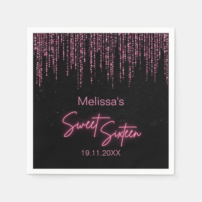 Pink Glitter and Black Sweet 16 Birthday Napkins (Front)