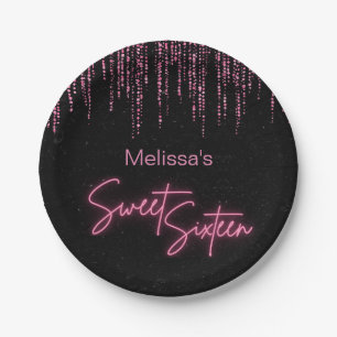 Pink Glitter and Black Sweet 16 Birthday  Paper Plates
