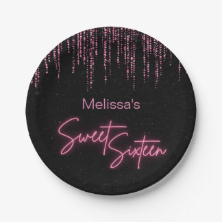 Pink Glitter and Black Sweet 16 Birthday  Paper Plates