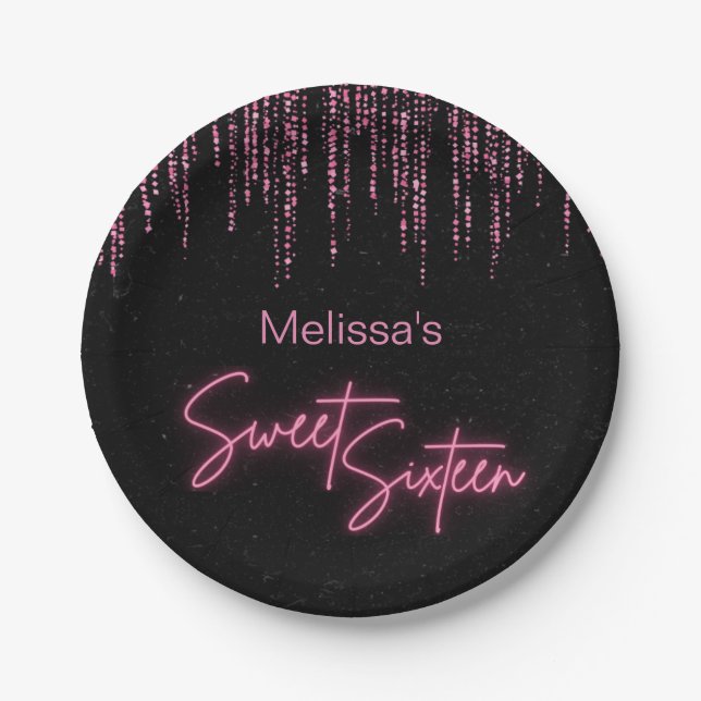 Pink Glitter and Black Sweet 16 Birthday  Paper Plates (Front)