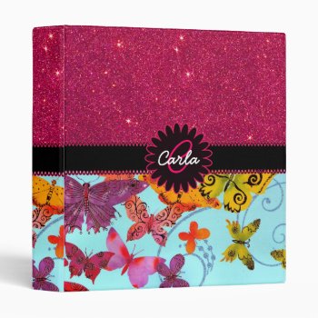 Pink Glitter And Colorful Butterfly Monogram 3 Ring Binder by ChicPink at Zazzle