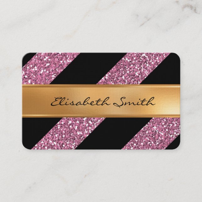 Pink Glitter and Diagonal Stripes, faux gold foil Business Card (Front)
