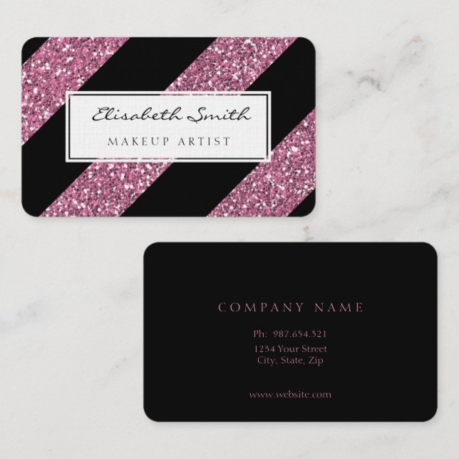 Pink Glitter and Diagonal Stripes, Makeup Artist Business Card (Front/Back)