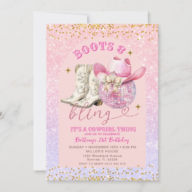 Pink Glitter and Gold Boots and Bling Birthday Invitation (Front)