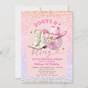 Pink Glitter and Gold Boots and Bling Birthday Invitation