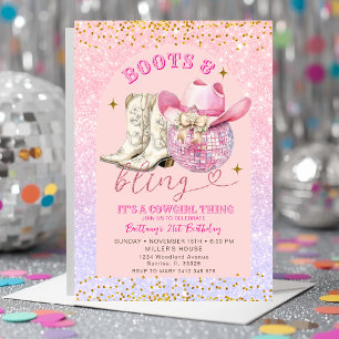 Pink Glitter and Gold Boots and Bling Birthday Invitation