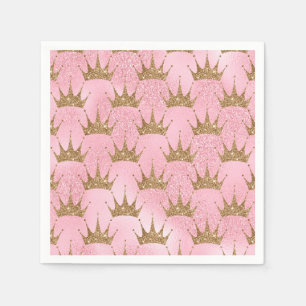 Pink Glitter and Gold Princess Crown Pattern Napkins