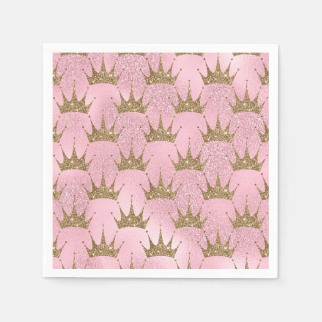 Pink Glitter and Gold Princess Crown Pattern Napkins (Front)