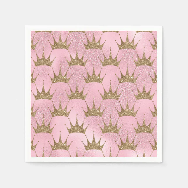 Pink Glitter and Gold Princess Crown Pattern Napkins | Zazzle