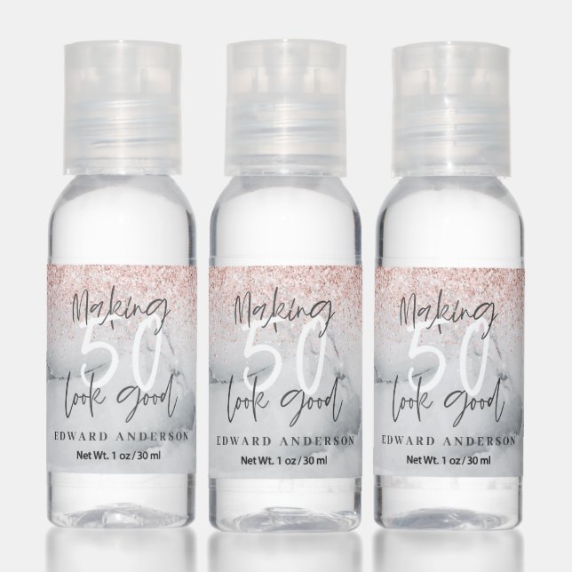 Pink glitter and marble chic modern 50th birthday hand sanitizer (Set)