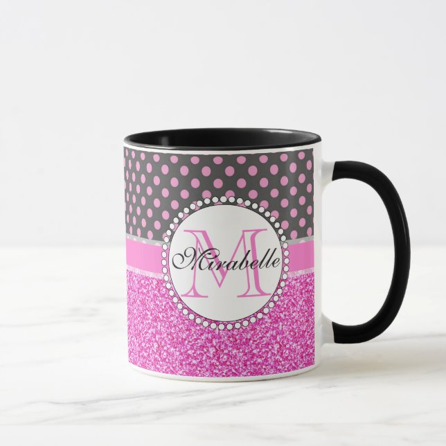 Pink Glitter and Pink Polka Dots on gray Named Mug (Right)