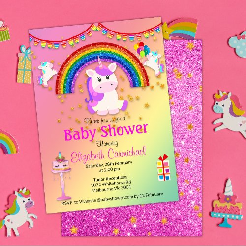 Pink Glitter and Rainbow Unicorn Baby Shower Invitation