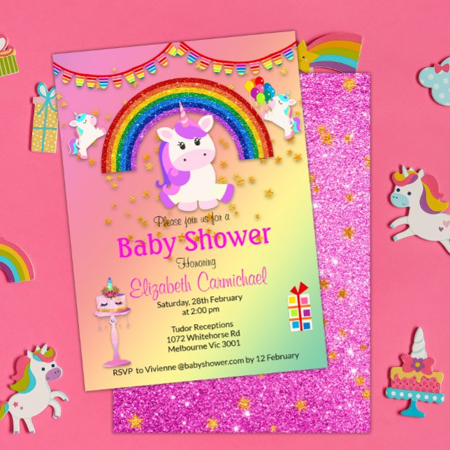 Pink Glitter and Rainbow Unicorn Baby Shower Invitation (Creator Uploaded)