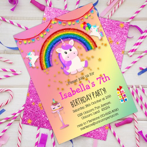 Pink Glitter and Rainbow Unicorn Birthday Invitation