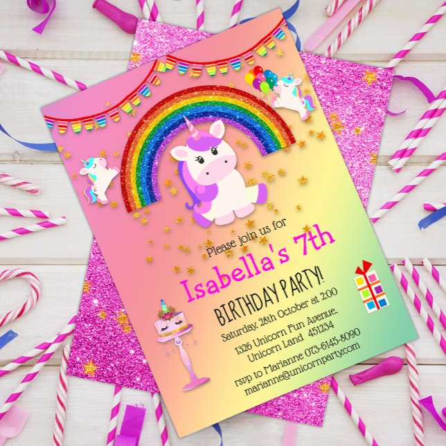 Pink Glitter and Rainbow Unicorn Birthday Invitation (Creator Uploaded)