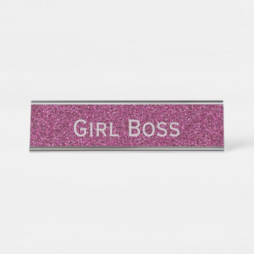 Pink Glitter and Silver Girl Boss Funny Corporate Desk Name Plate