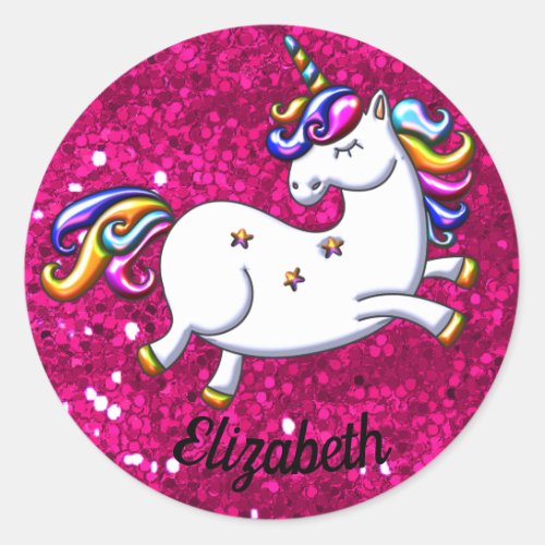 Pink Glitter and Unicorn Classic Round Sticker