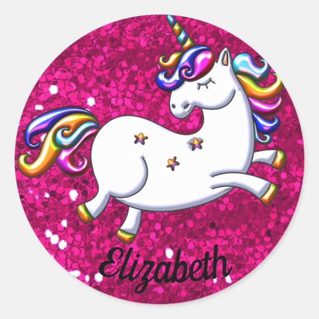 Pink Glitter and Unicorn Classic Round Sticker (Front)