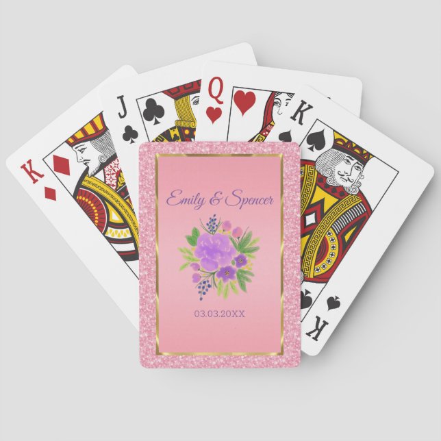 Pink Glitter And Watercolor Flowers Poker Cards (Back)